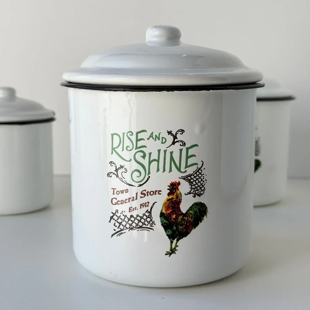 Vintage Rise and Shine Rooster Nesting Enamel Canister 3pc Set Farmhouse